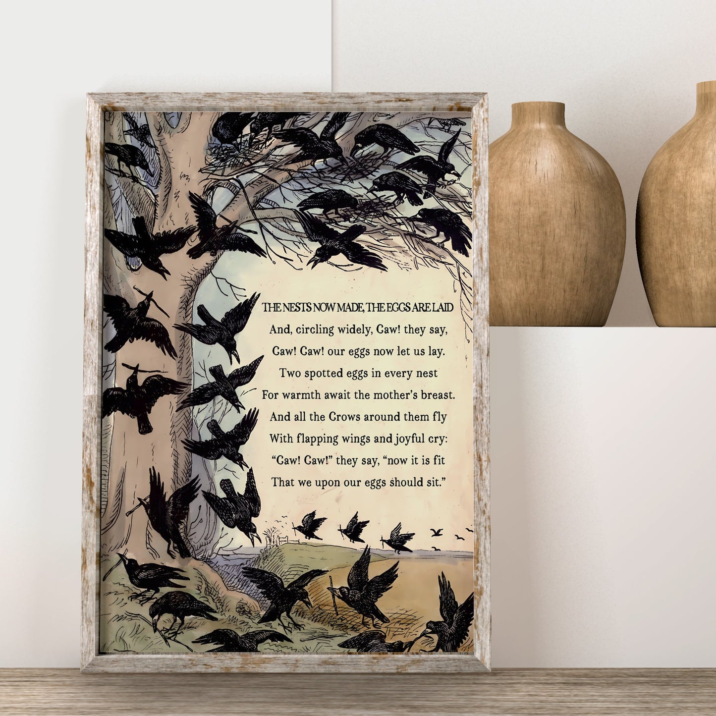 Raven Poem - Crows - Caw Caw - Gothic Poster - The Tale of the Crows - Large Artwork - Black and Beige