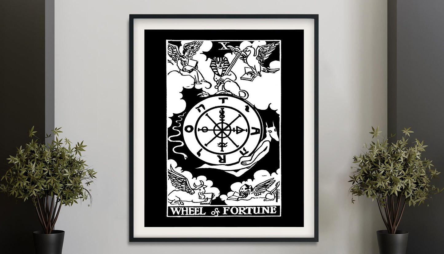 The Wheel of Fortune - Tarot Card Print - The Wheel of Fortune Black Card Rider Waite Black Poster, No Frame