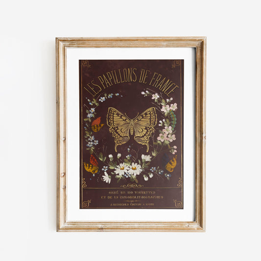 Vintage Book Cover Print - Beige and Gold - Art Nouveau Poster - Butterfly Floral Print - Bohemian Print Large Artwork