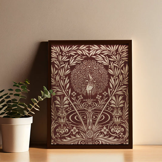 Vintage Book Cover Print - Beige Peacock - Art Nouveau Poster - Peacock Floral Print - Bohemian Print Large Artwork
