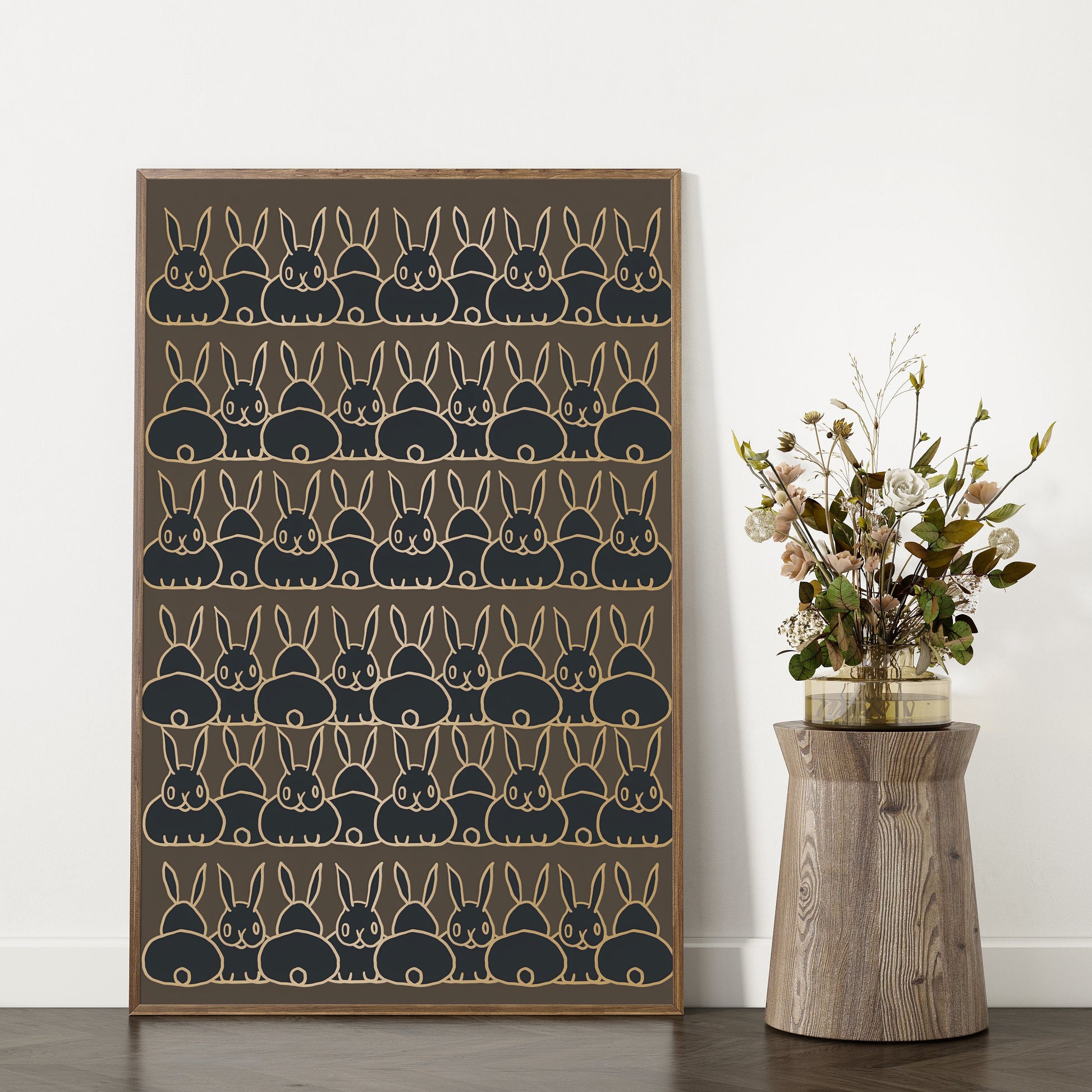 Vintage Bunnies Book Cover Print - Beige and Gold - Art Nouveau Poster - Bunny Print - Bohemian Print Large Artwork