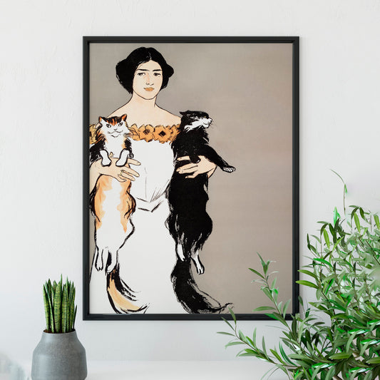 Vintage Cat Painting - Art Nouveau Woman and Cat illustration Print - Edward Penfield - Cat Lover - Portrait