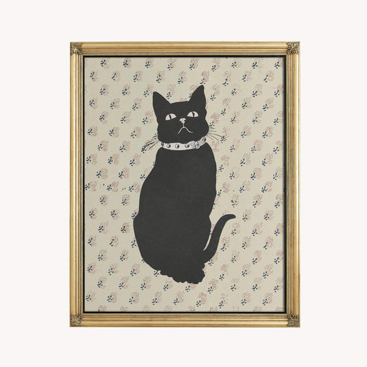 Vintage Cat Print - The Black Cat illustration - Beige and Black