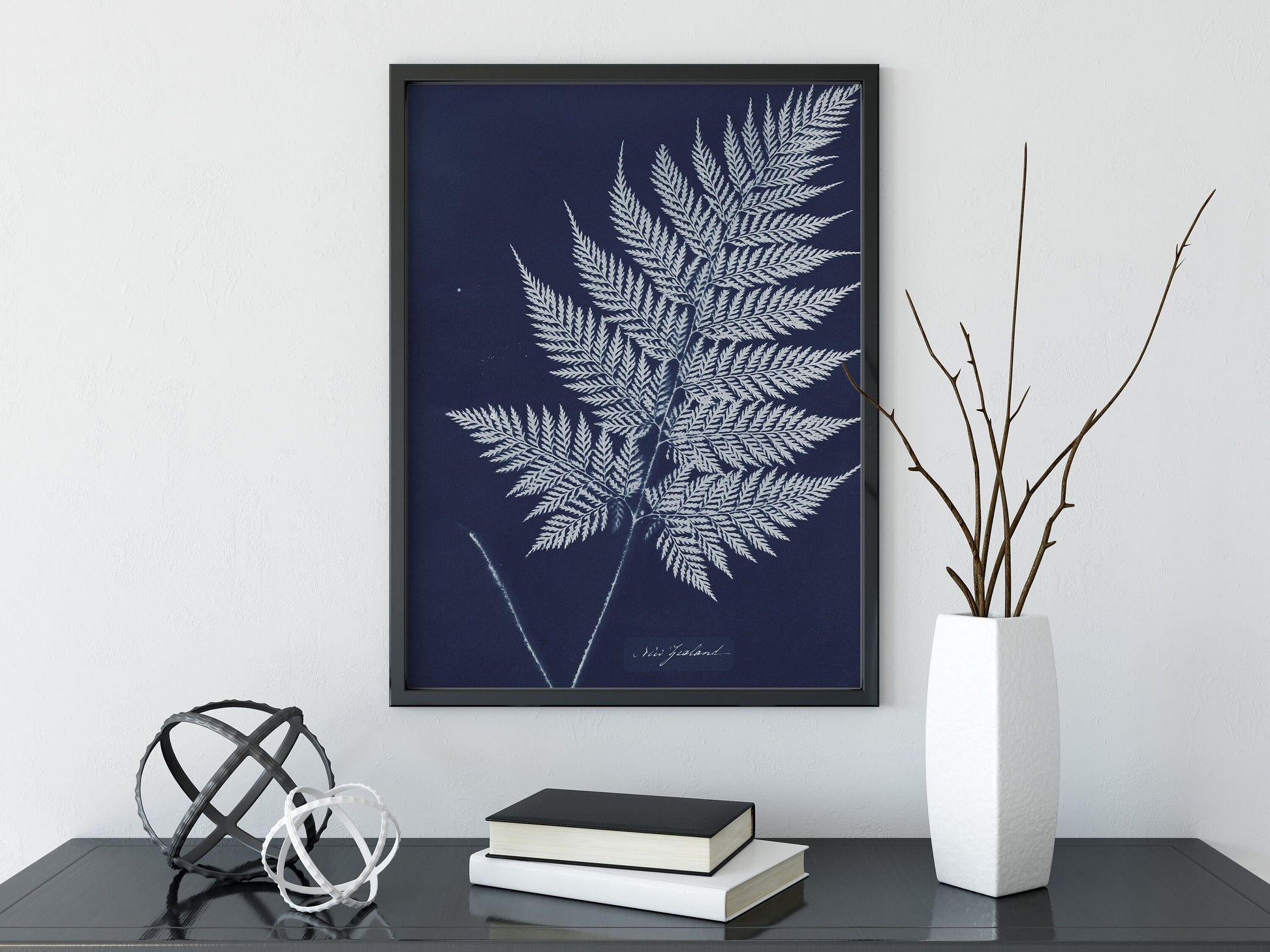Vintage Fern Print - Moody Bohemian Print Large Artwork - Indigo - Vintage