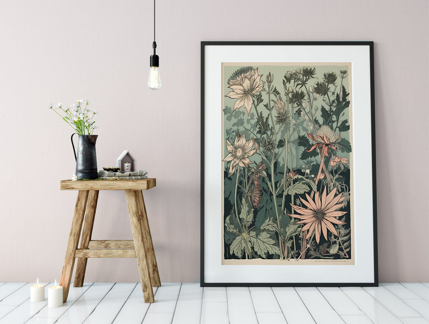 Vintage Floral Botanical Print - Green and Peach - Bohemian Print - Large Artwork