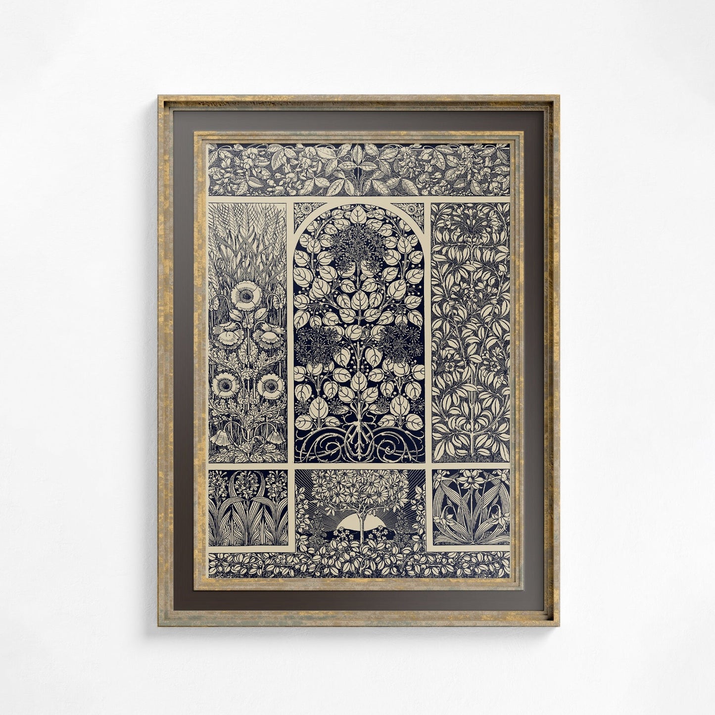 Vintage Floral Ornament Print - Indigo - Art Nouveau Poster - Floral Print Bohemian Print Large Artwork