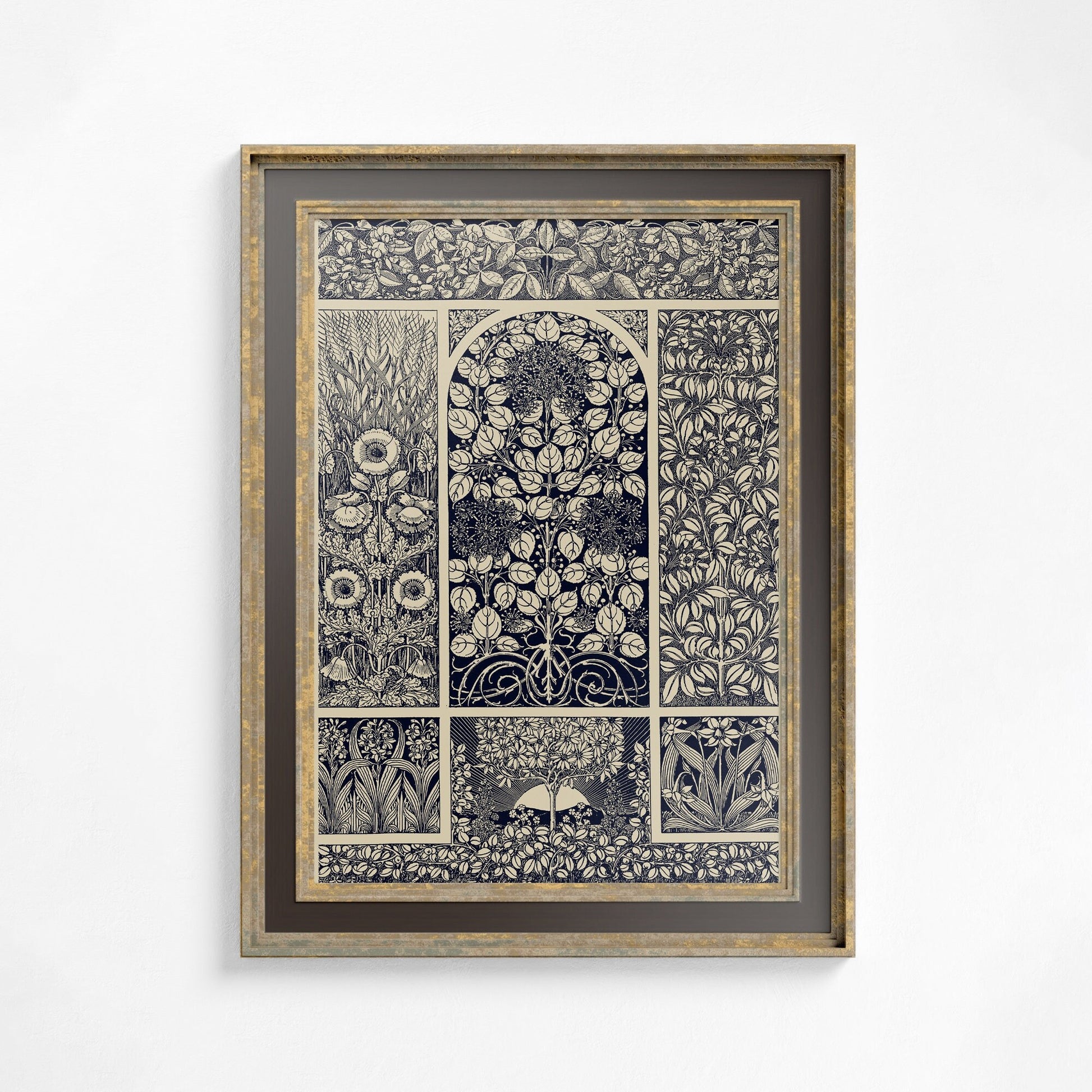 Vintage Floral Ornament Print - Indigo - Art Nouveau Poster - Floral Print Bohemian Print Large Artwork