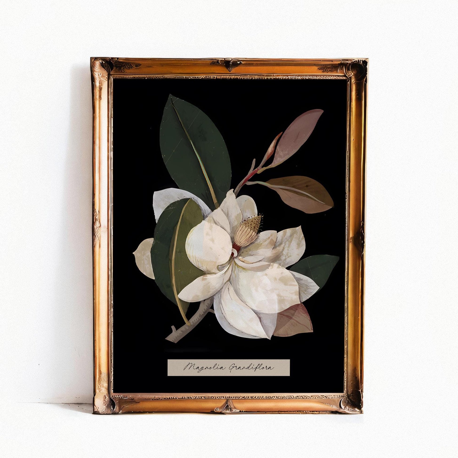 Vintage Magnolia - Moody Floral Print - Dark Academia - Whimsigoth - Floral Print - Beige and Black - Vintage