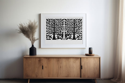 Vintage Monochrome Floral Ink Art Nouveau Print with Tree Symmetry in Black and Beige by My Store