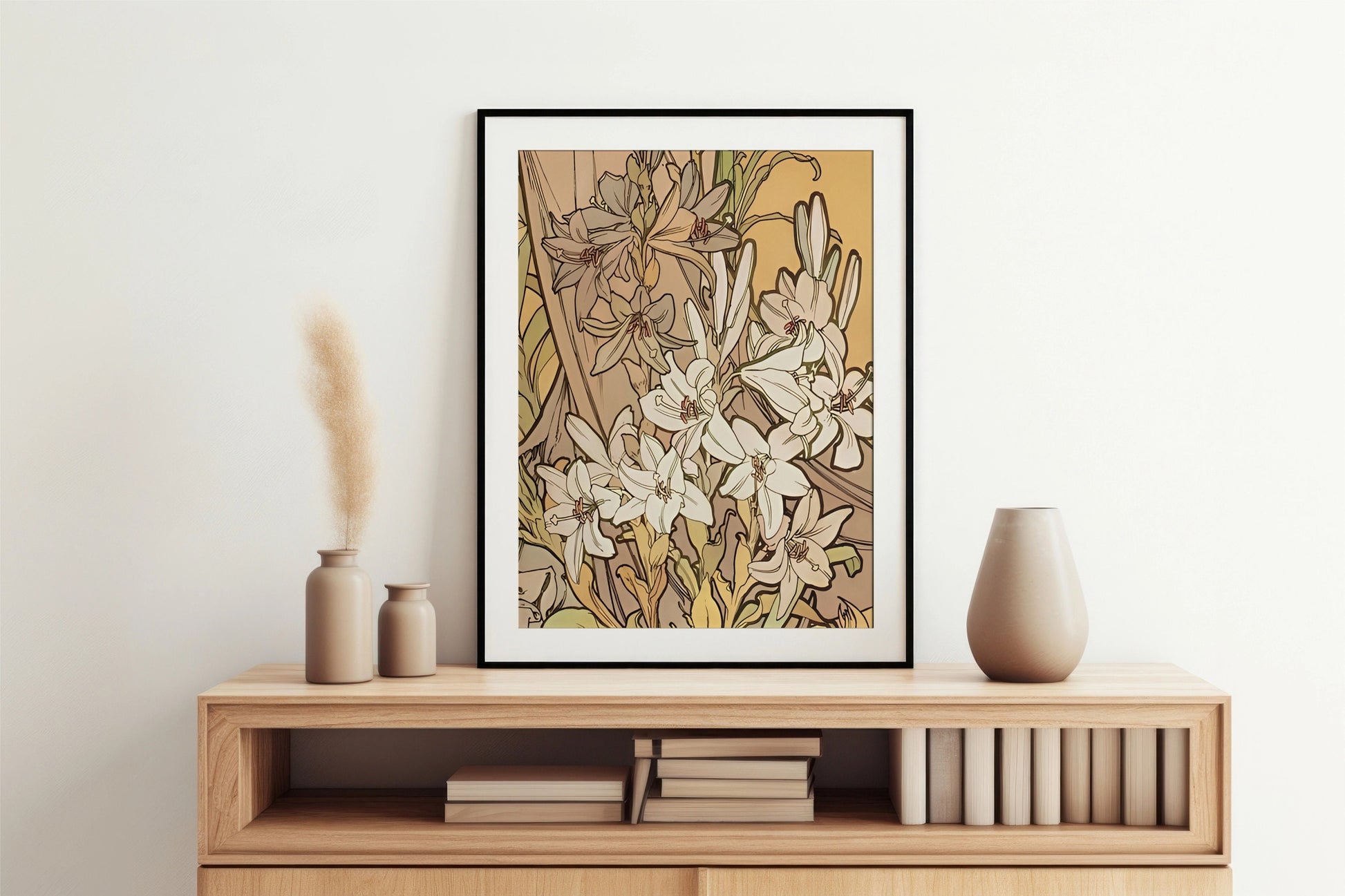 Vintage Mucha Floral Print - Beige and Yellow - Art Nouveau - Poster Floral Large Artwork - Neutral Floral