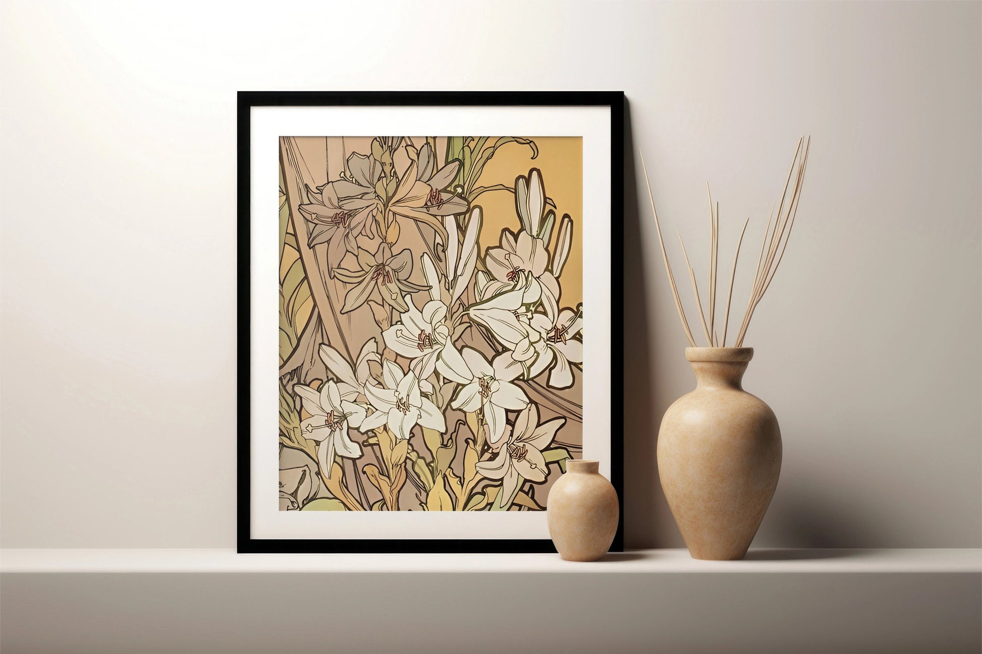 Vintage Mucha Floral Print - Beige and Yellow - Art Nouveau - Poster Floral Large Artwork - Neutral Floral