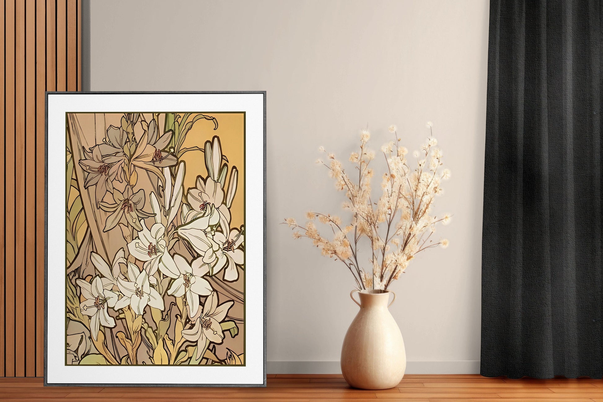 Vintage Mucha Floral Print - Beige and Yellow - Art Nouveau - Poster Floral Large Artwork - Neutral Floral