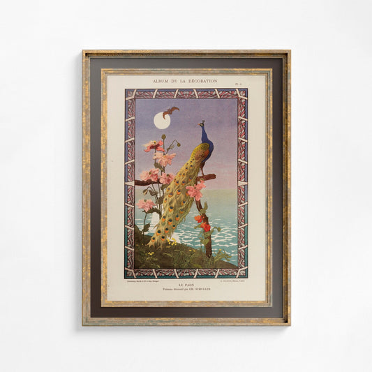 Vintage Peacock and Moon Print - Paris - Ornate Nouveau Print - Bohemian Print Large Artwork - Beige