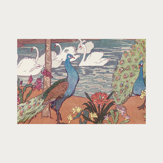 Vintage Peacock Print Art Nouveau Landscape Artwork With Swans And Floral Motifs by My Store