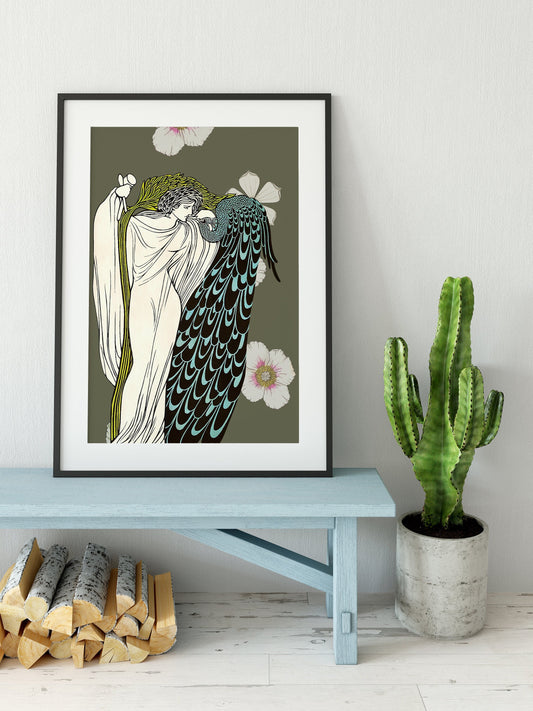 Vintage Peacock Print - Nouveau Print - Bohemian Print Large Artwork - The Kiss, vintage man & peacock illustration