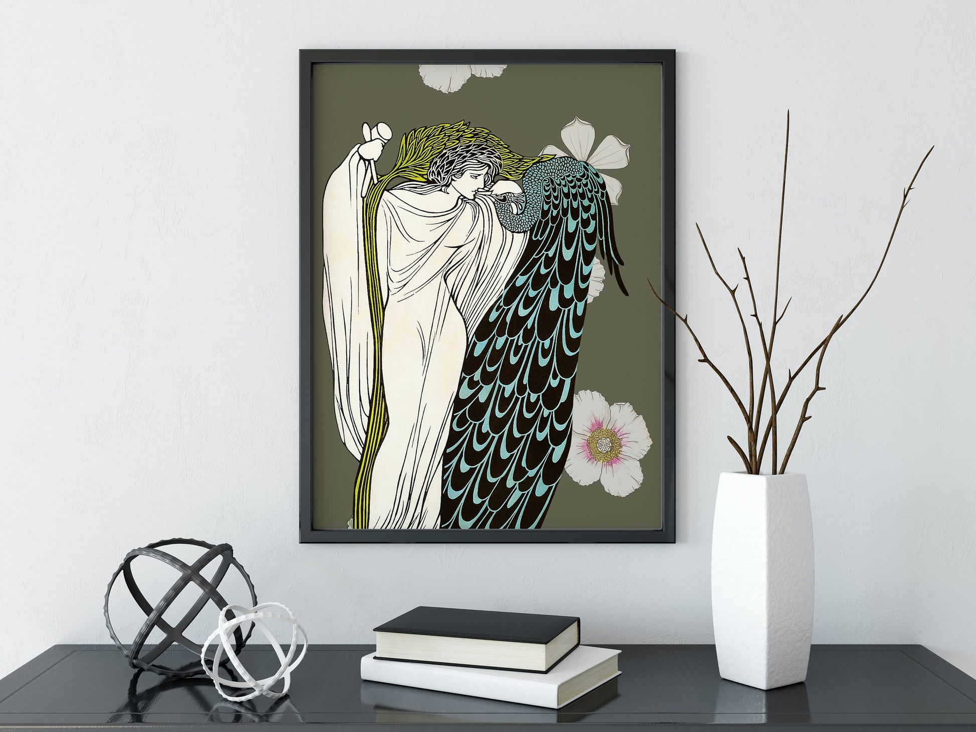 Vintage Peacock Print - Nouveau Print - Bohemian Print Large Artwork - The Kiss, vintage man & peacock illustration