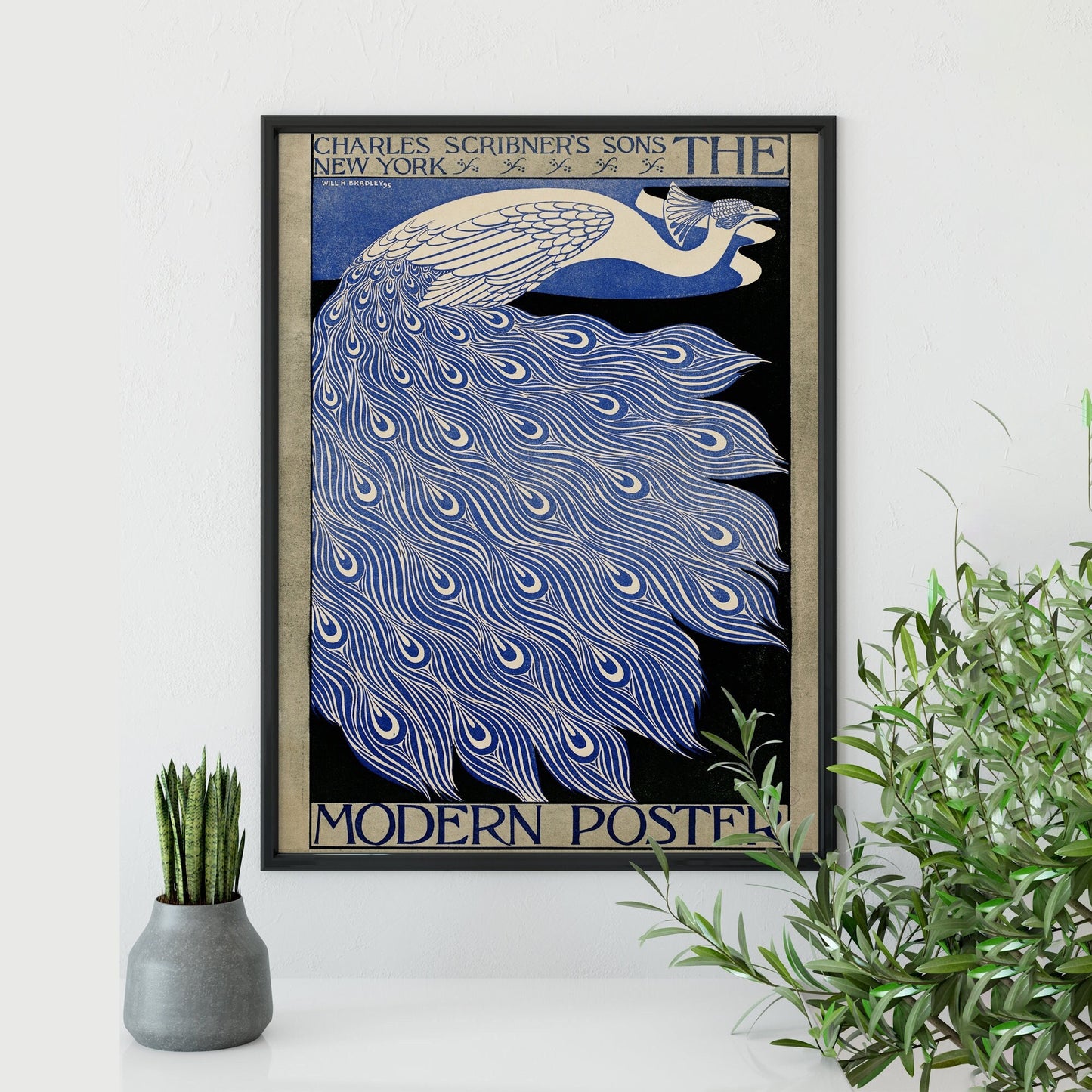 Vintage Peacock Print - Indigo - Art Nouveau Poster Floral Print Bohemian Print Large Artwork