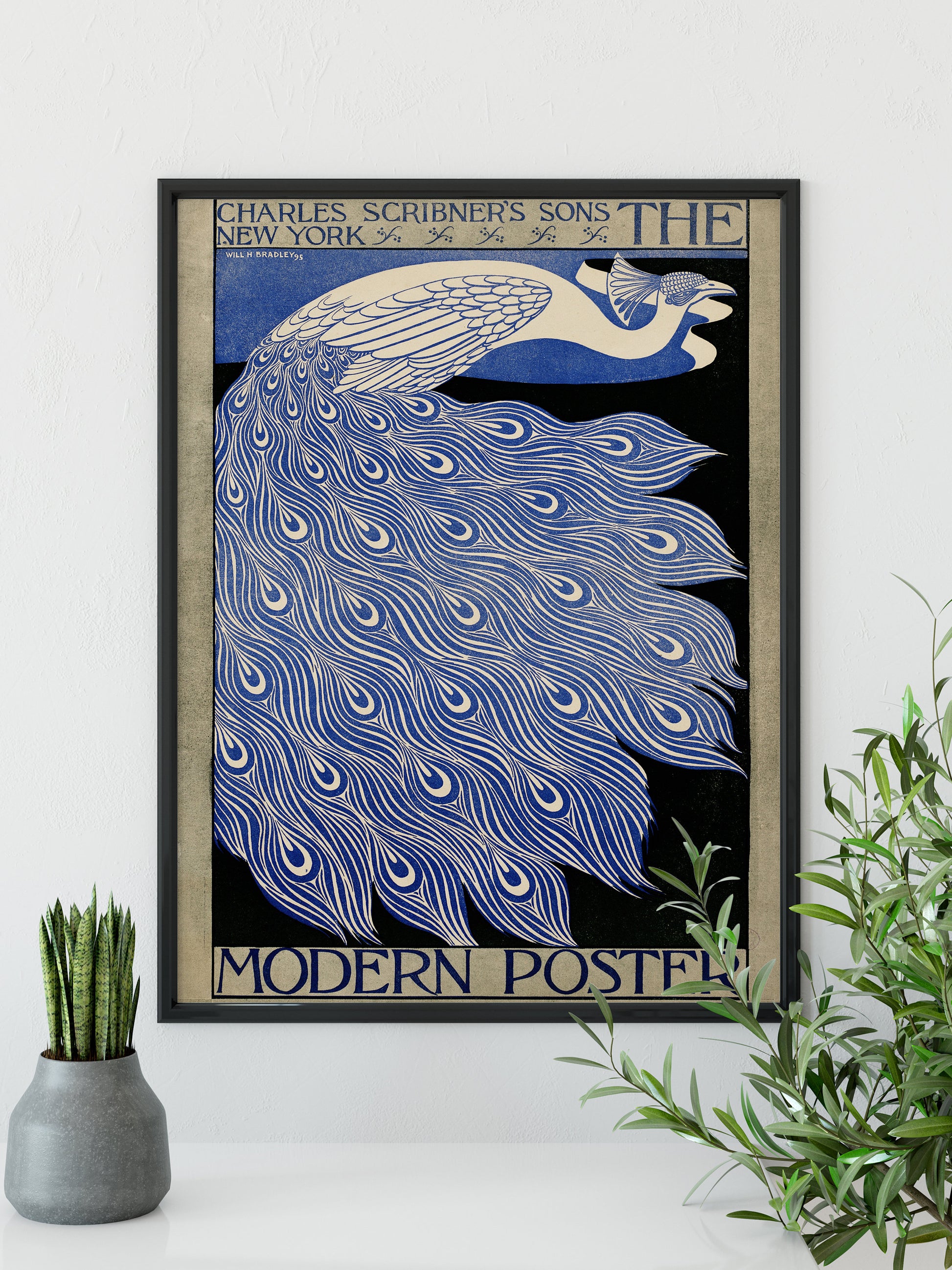 Vintage Peacock Print - Indigo - Art Nouveau Poster Floral Print Bohemian Print Large Artwork