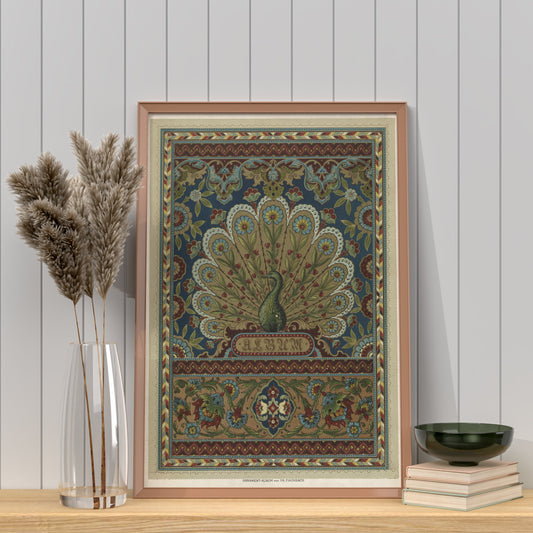 Vintage Peacock Print - Paris - Green and Beige Vintage - Ornate Nouveau Print - Bohemian Print Large Artwork