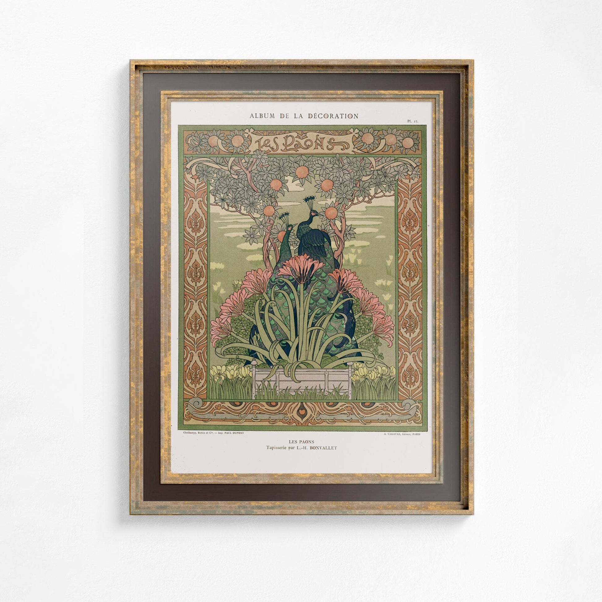 Vintage Peacock Print - Paris - Ornate Nouveau Print - Bohemian Print Large Artwork - Beige