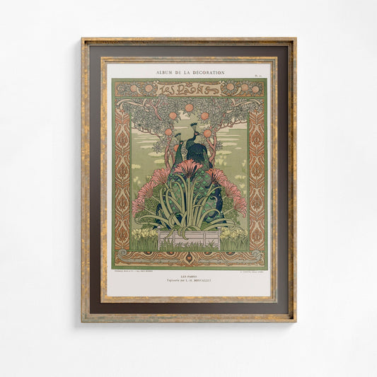 Vintage Peacock Print - Paris - Ornate Nouveau Print - Bohemian Print Large Artwork - Beige