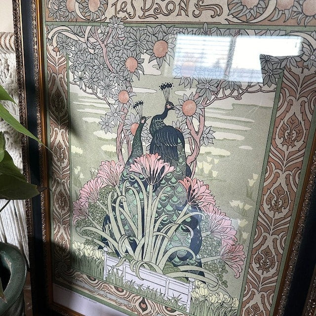 Vintage Peacock Print - Paris - Ornate Nouveau Print - Bohemian Print Large Artwork - Beige