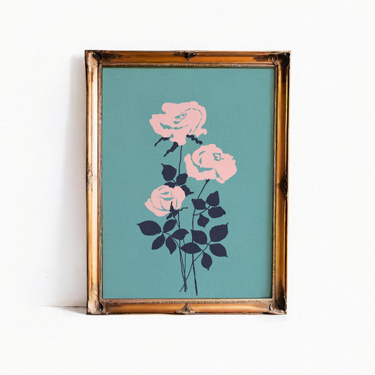 Vintage Roses Pink And Teal Floral Print Wall Art With Light Academia Whimsigoth Charm by My Store