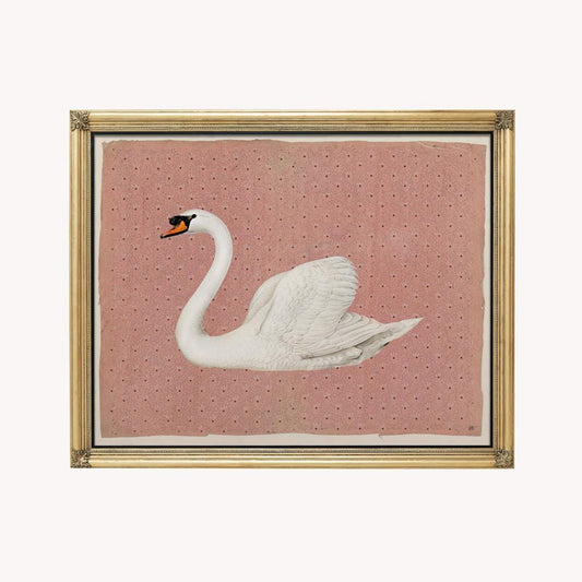 Vintage Swan - Peach and Off White Print - White Swan Illustration Print