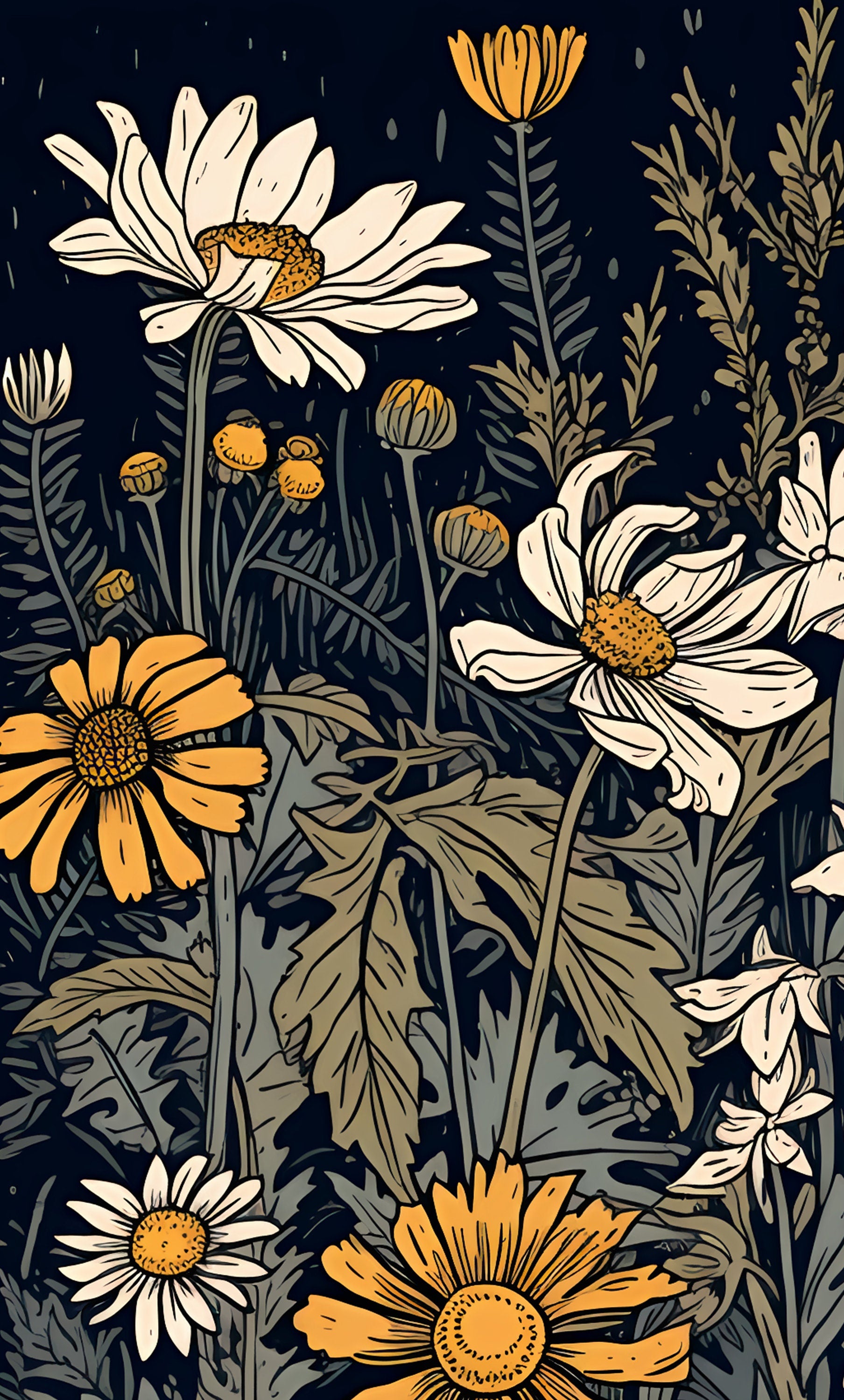 Vintage Wildflowers Print - Blue and Yellow - Bohemian - Large Artwork