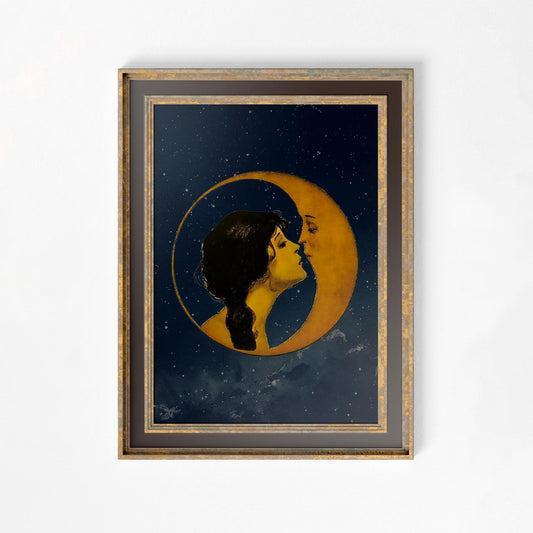 Woman Kissing Moon- Art Nouveau Print Bohemian Print Artwork - Dark Blue with Clouds