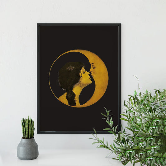 Woman Kissing Moon Art Nouveau Bohemian Print Dark Beige On Premium Archival Fine Art Paper by My Store