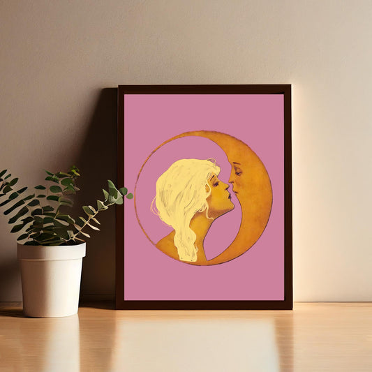 Woman Kissing Moon in Pink - Art Nouveau Print Bohemian Print Artwork - Blonde - Pink Wall Art