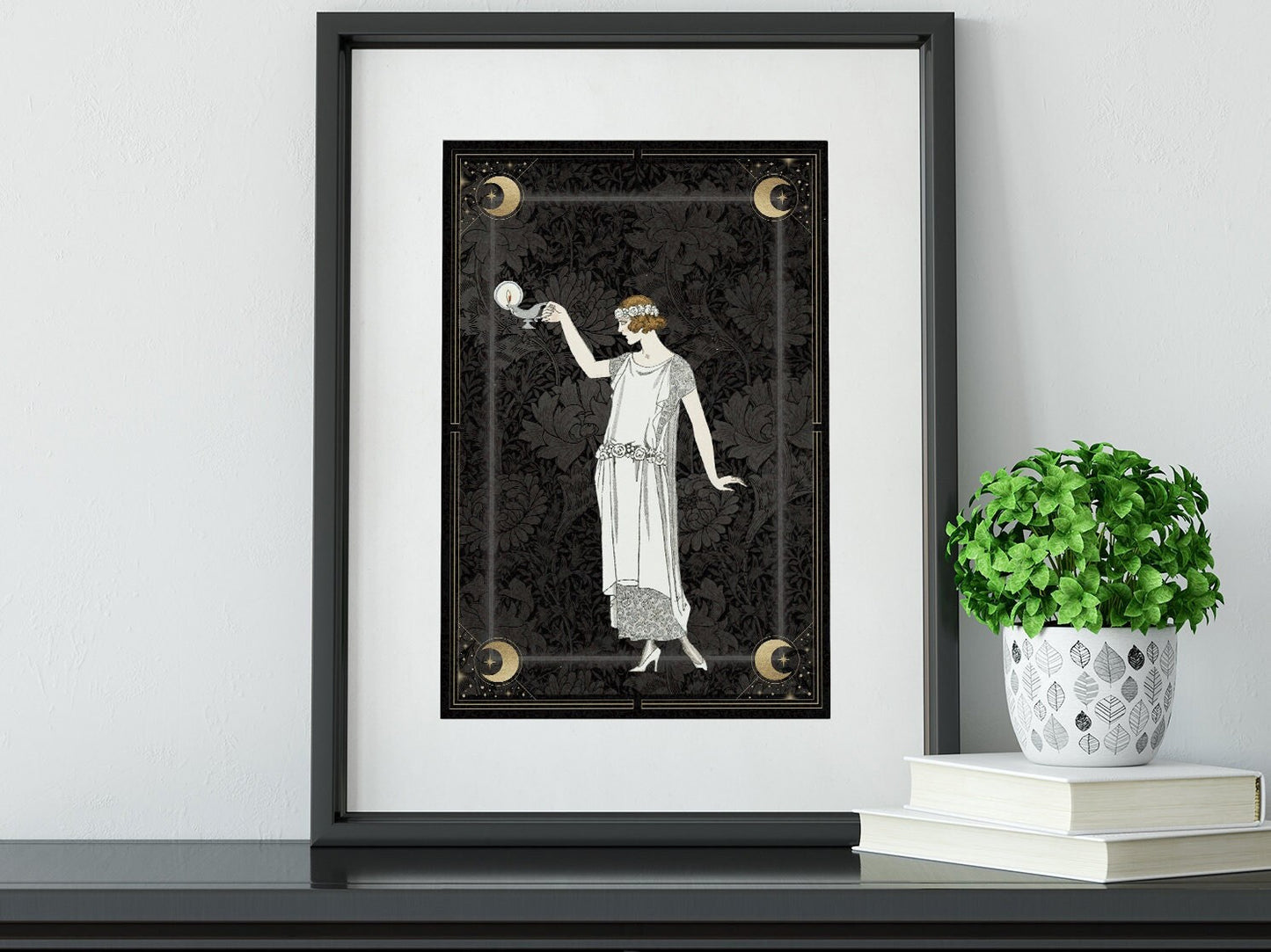 Deco - Art Nouveau Goddess - Silver and Gold Moon - Poster And Frame - Bohemian - Goddess Print Large Artwork Hippie Lady