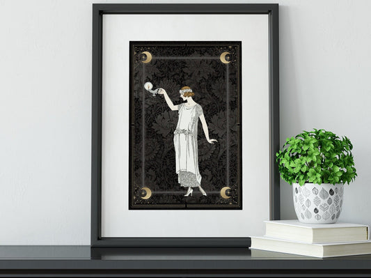 Deco - Art Nouveau Goddess - Silver and Gold Moon - Poster And Frame - Bohemian - Goddess Print Large Artwork Hippie Lady