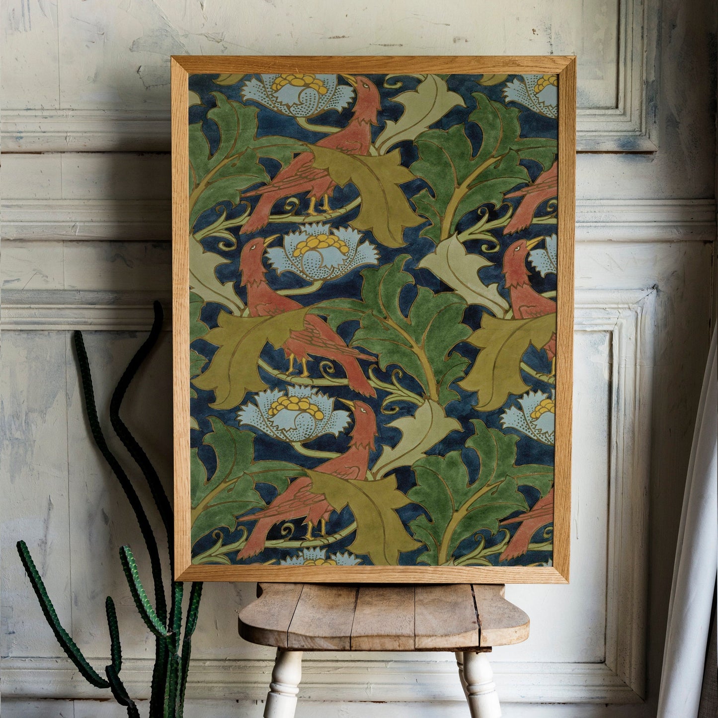 Vintage Birds Print - Green and Orange - Nouveau Flower Print - Bohemian - Print Large Artwork - Vintage Wallpaper
