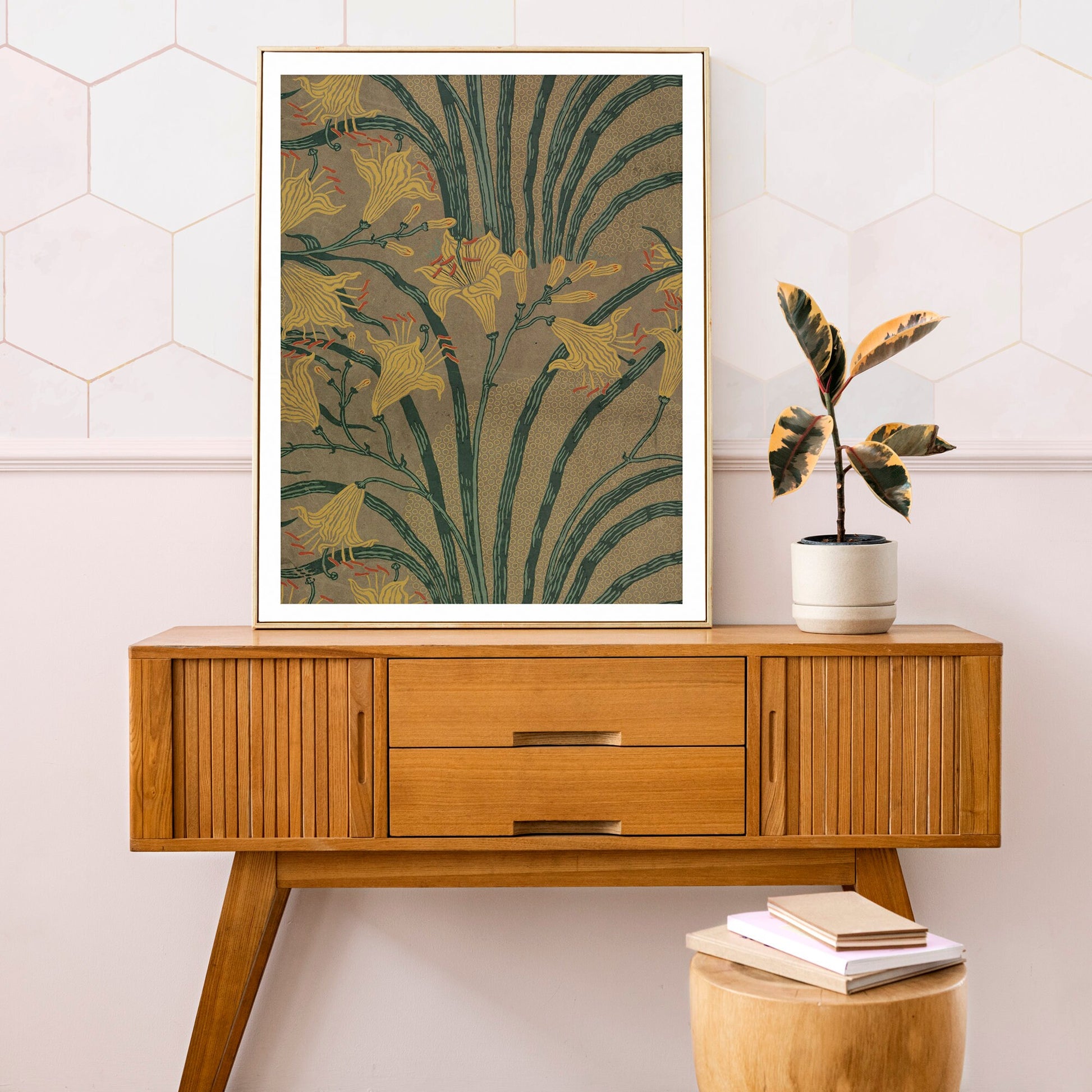 Vintage Green and Beige Floral - Walter Crane - Nouveau Flower Print - Bohemian - Print Large Artwork - Green and Yellow