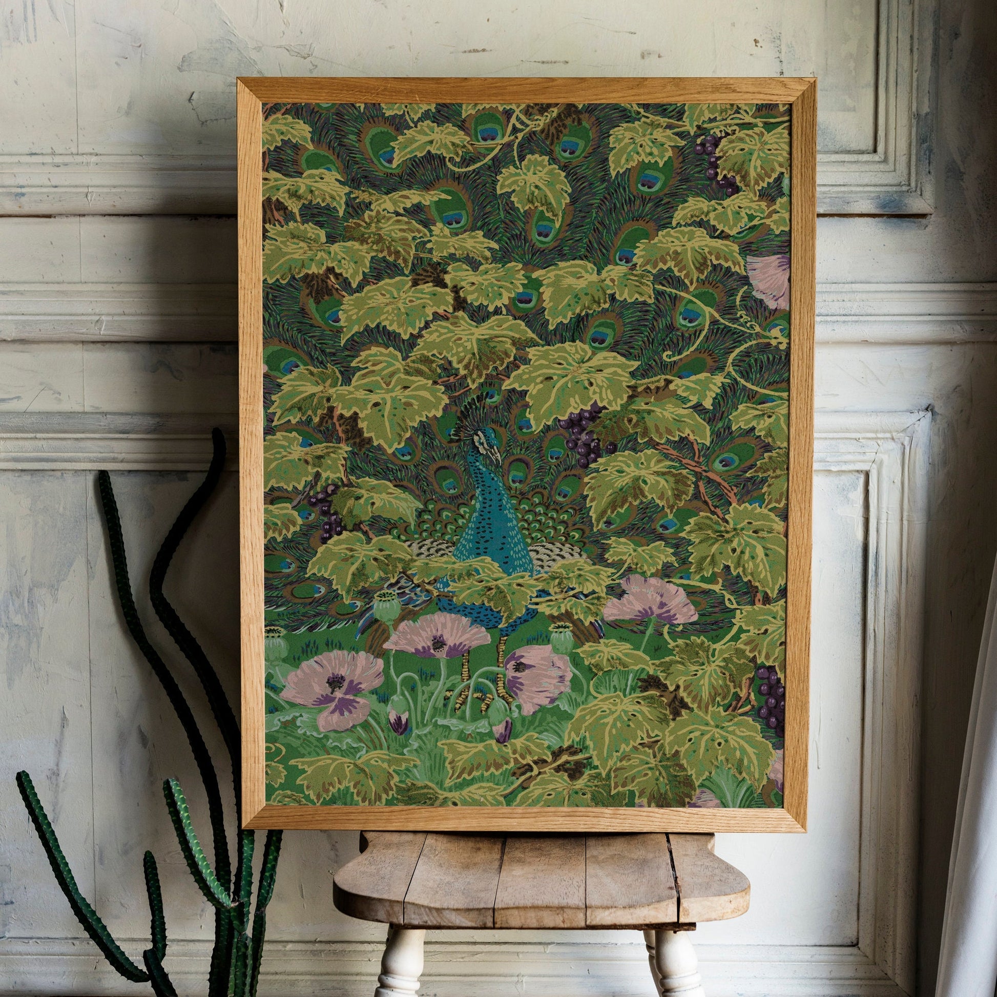 Vintage Peacock Print - Green and Blue - Nouveau Flower Print - Bohemian - Print Large Artwork - Vintage Wallpaper - Floral