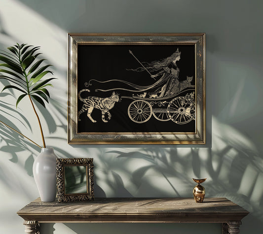 Freya Goddess, Cat Goddess Poster, Hand Drawn Art - Freya Witchy Print, No Frame