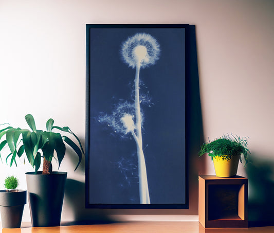 Dandelion Print - Nature Cyanotype - Bohemian Vintage - Print Large Artwork - Floral - Long Poster - Indigo