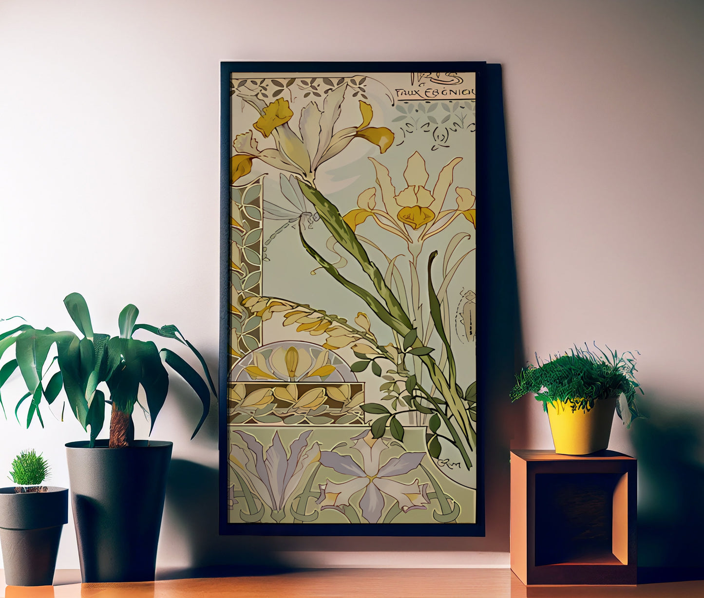 Floral Art Nouveau Print - Art Nouveau Poster Bohemian Print Large Artwork - Yellow Iris - Long Poster
