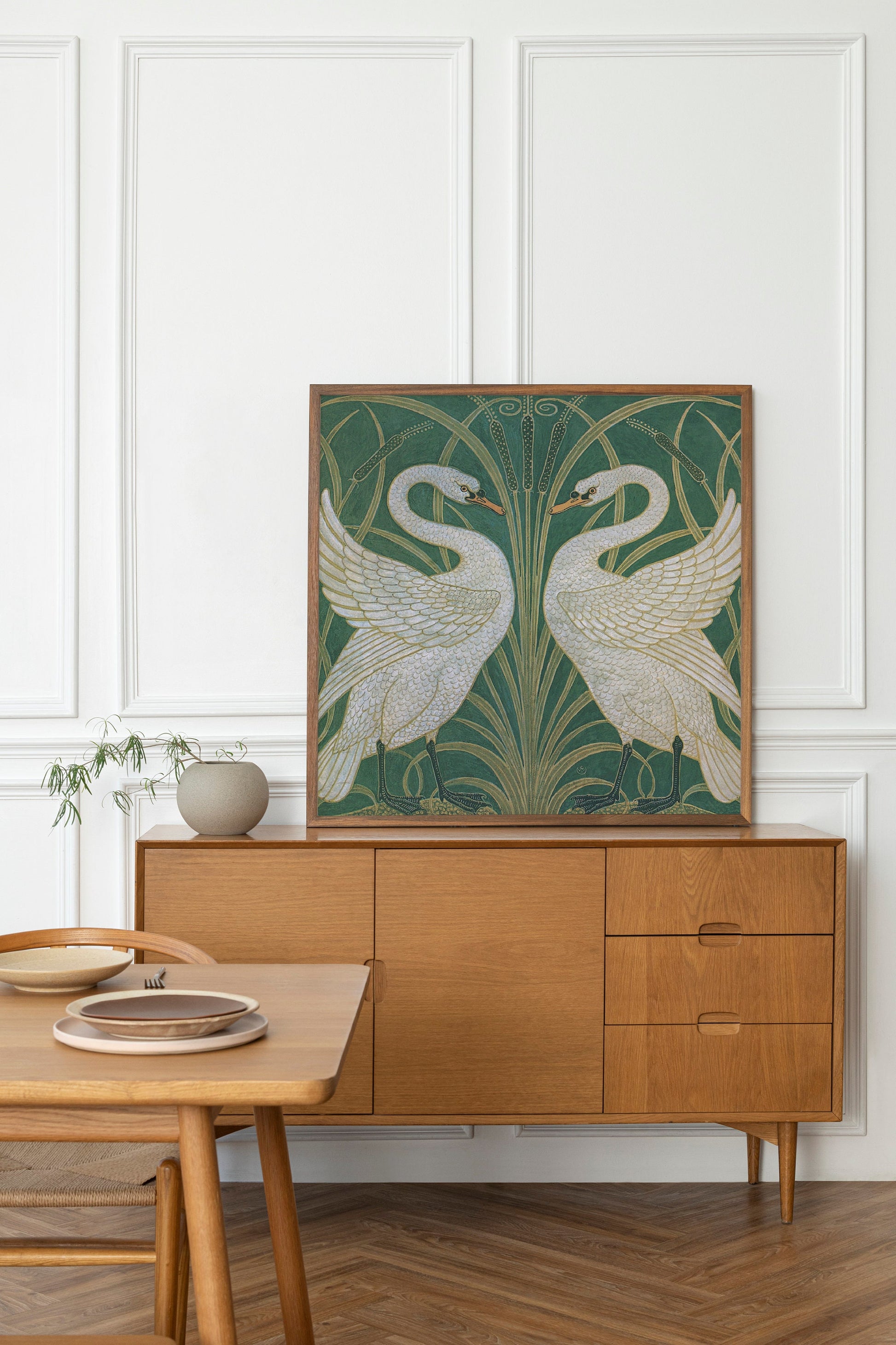 Art Nouveau Swans art print, Walter Crane - Vintage bird wall art, Swan painting - Cattails Print - Green and Beige