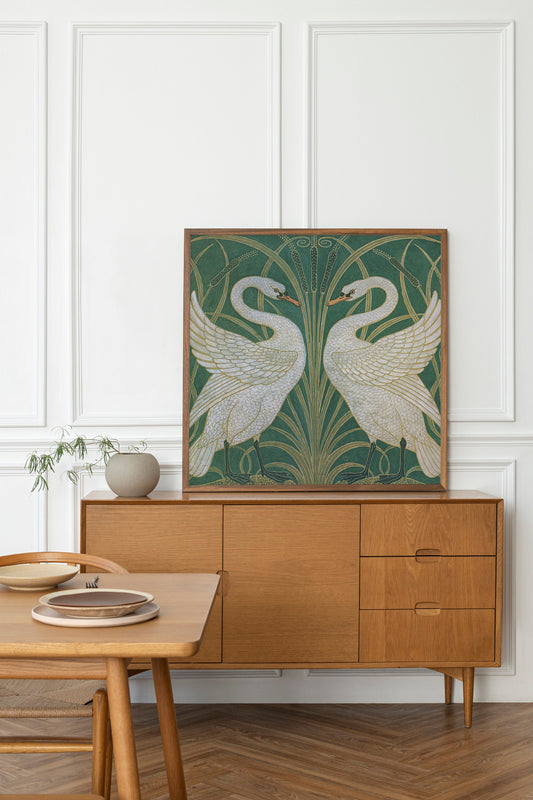 Art Nouveau Swans art print, Walter Crane - Vintage bird wall art, Swan painting - Cattails Print - Green and Beige