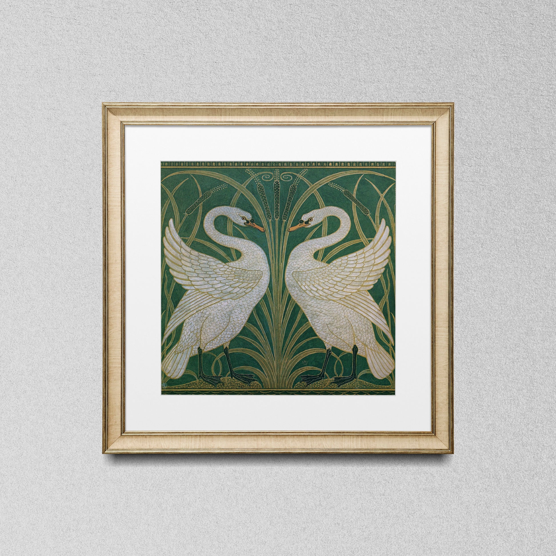 Art Nouveau Swans art print, Walter Crane - Vintage bird wall art, Swan painting - Cattails Print - Green and Beige