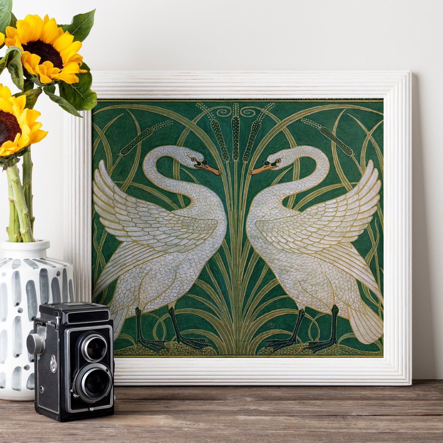 Art Nouveau Swans art print, Walter Crane - Vintage bird wall art, Swan painting - Cattails Print - Green and Beige
