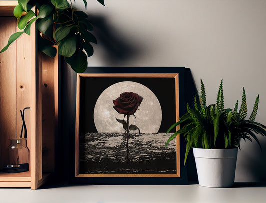 Dark Red Rose Print - Vintage Rose and Moon Print - Surreal Rose - Full Moon - Black and Beige