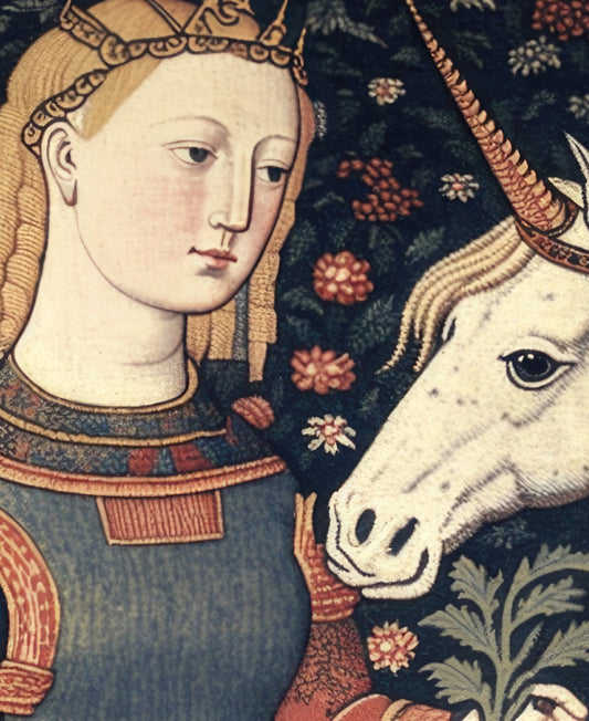 Medieval Unicorn and Girl Vintage Art Print Navy Red by My Store