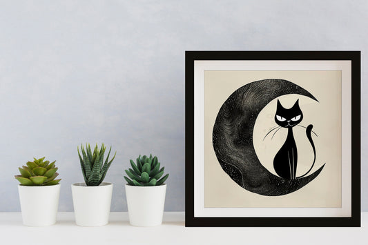 Midcentury Modern Cat And Moon Print Black Beige Square by My Store