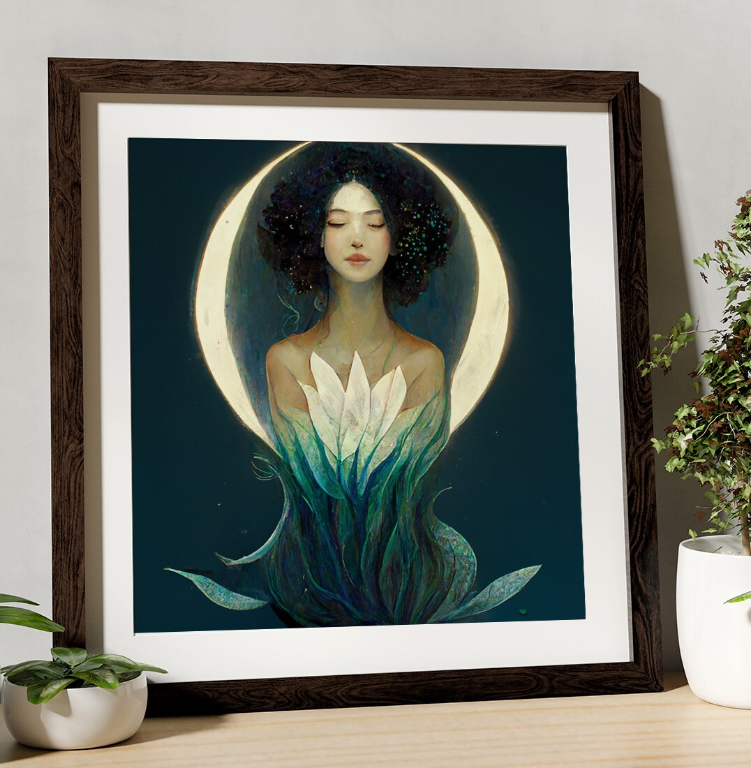 Pagan Goddess - Moon Witch Mermaid - Surreal Painting of Angel - For Your Sacred Space