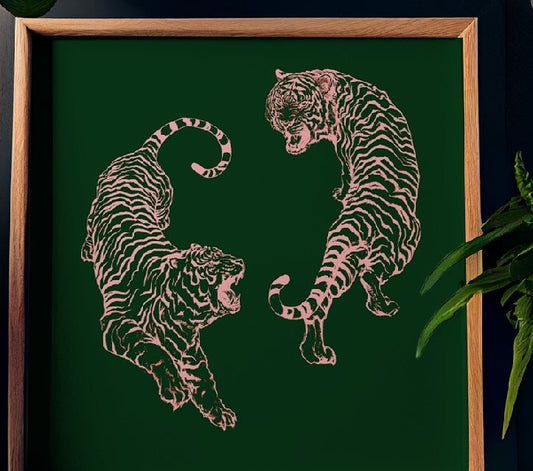 Pink Tigers Print Square Art Vintage Japanese Remix Wall Decor for Modern Living Rooms by My Store