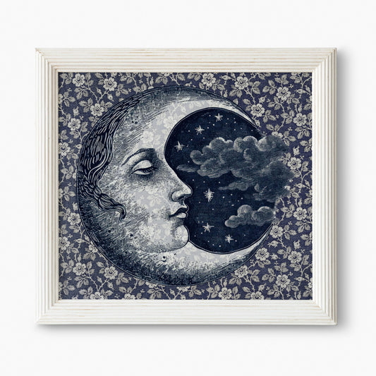 Vintage Blue Moon Print With Face In Art Nouveau Chic Floral Design On Premium Archival Fine Art Paper by My Store